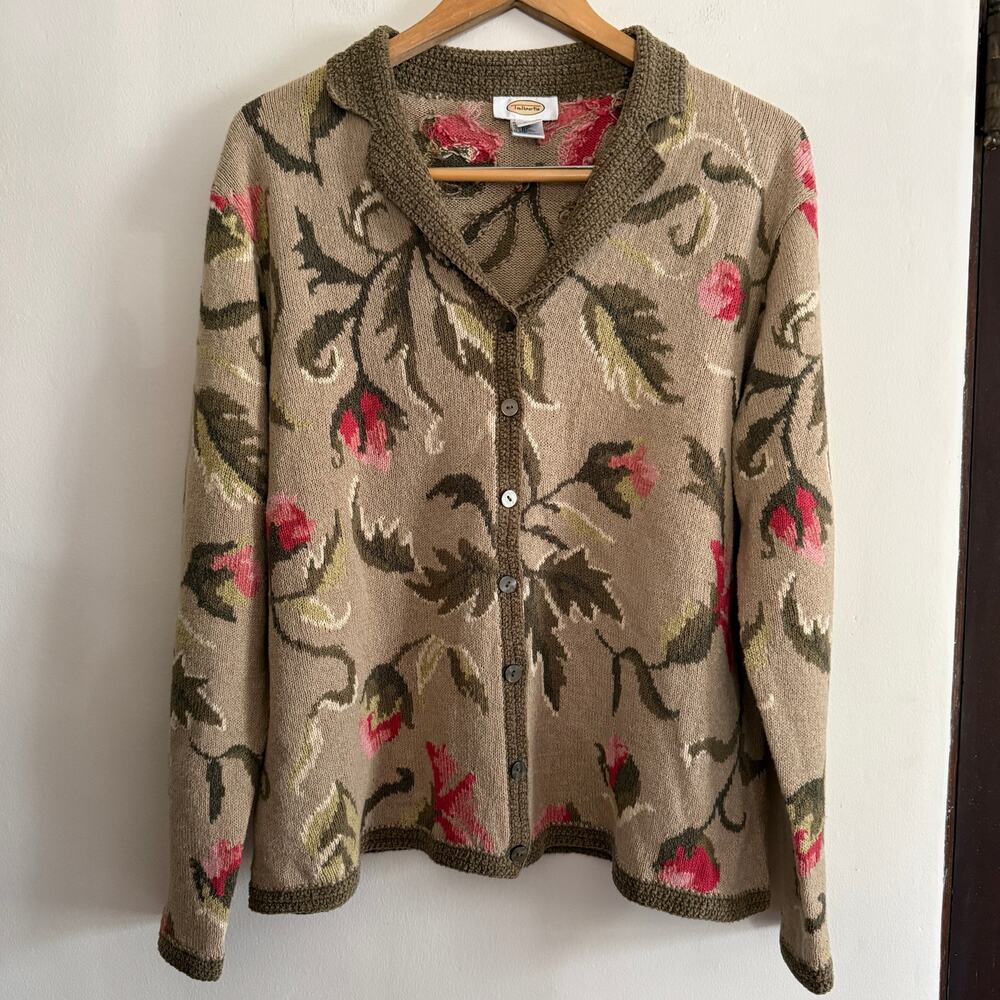 90s vintage TALBOTS | Collared Floral Tan and Pink Tipped Cardigan Extra Large